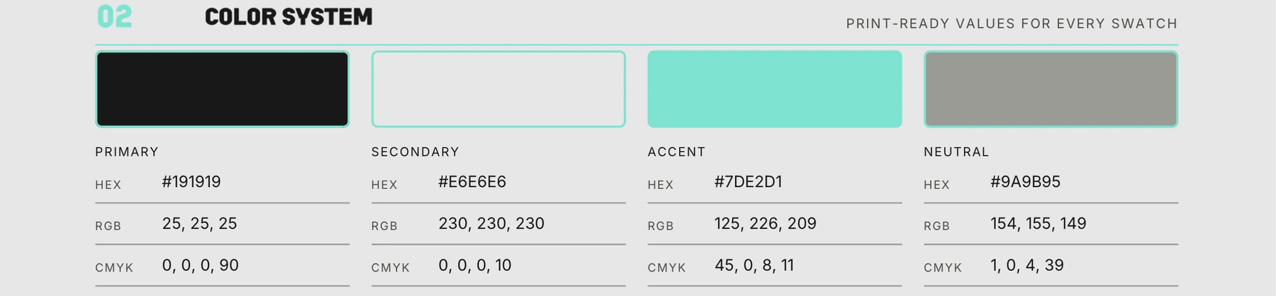 Preview of the free One-Page Brand Kit's color system section, showing primary, secondary, accent, and neutral swatches with hex, RGB, and CMYK values