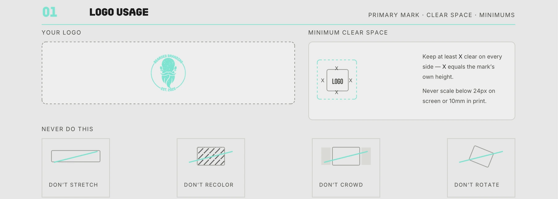 The One-Page Brand Kit's logo usage section, showing the primary logo placement box and the 'never do this' row: don't stretch, recolor, crowd, or rotate the mark