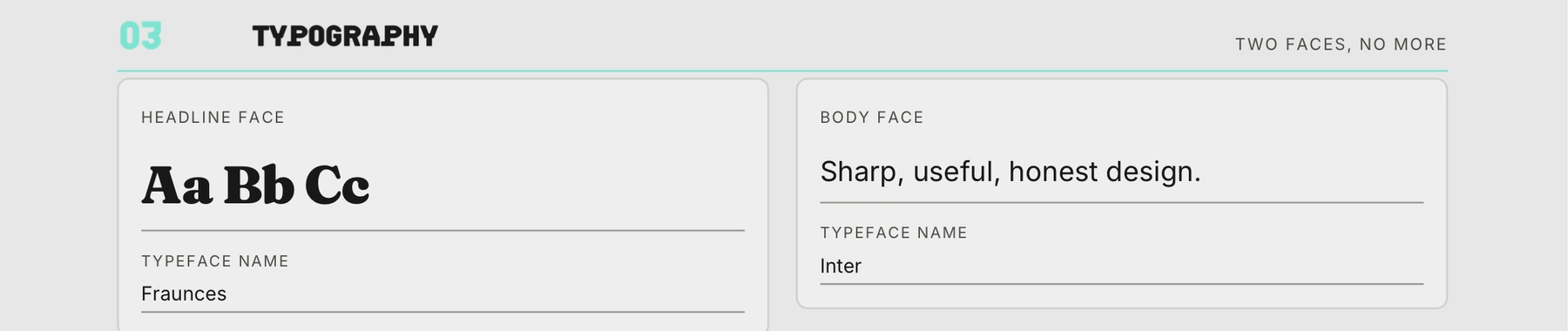 The One-Page Brand Kit's typography section, showing the headline and body face specimen boxes with their typeface names